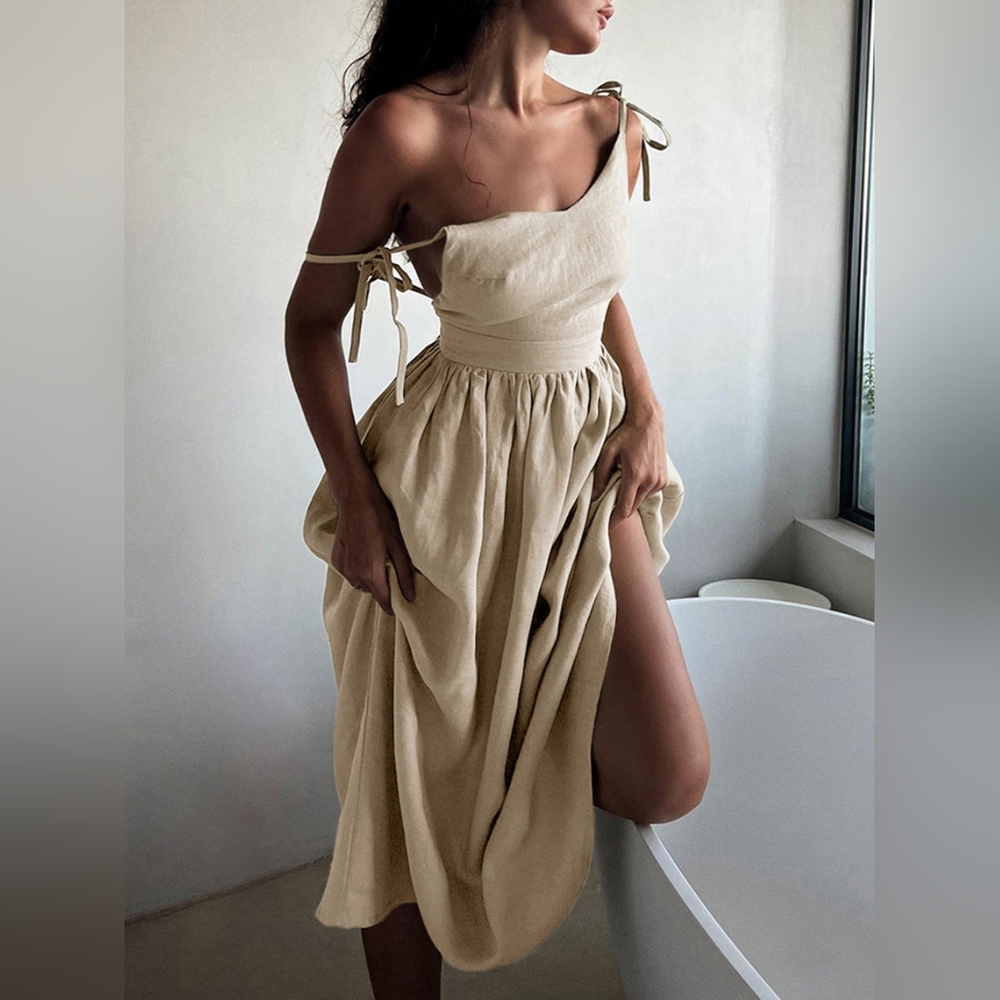 2D Nwt Commense Beige Cotton & Linen Backless Long Dress (Large)